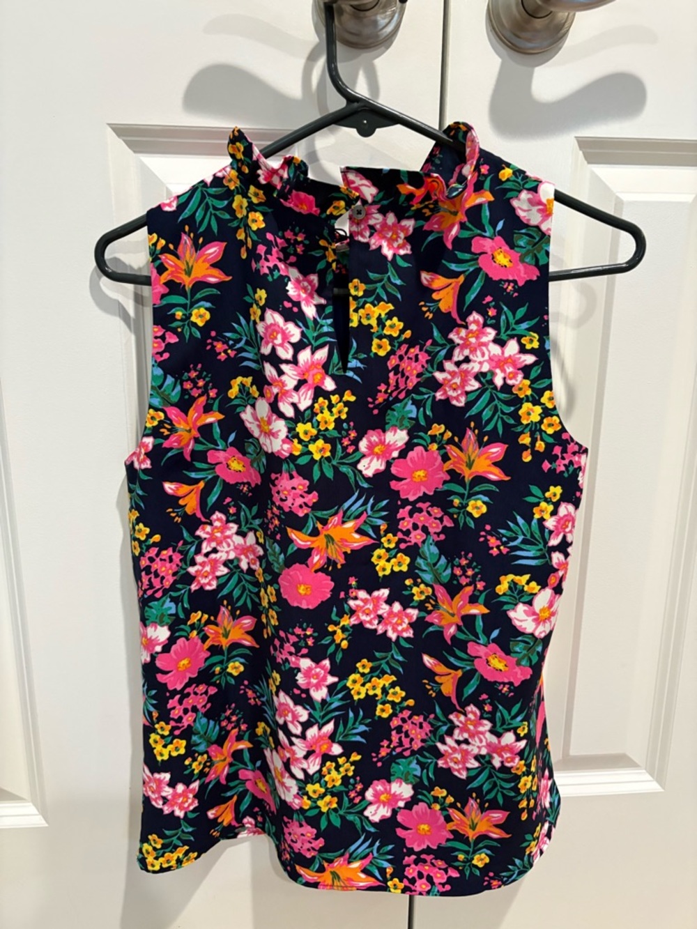 J. Crew Navy Floral Sleeveless Blouse with Bright Multicolor Blooms - Picture 2 of 3